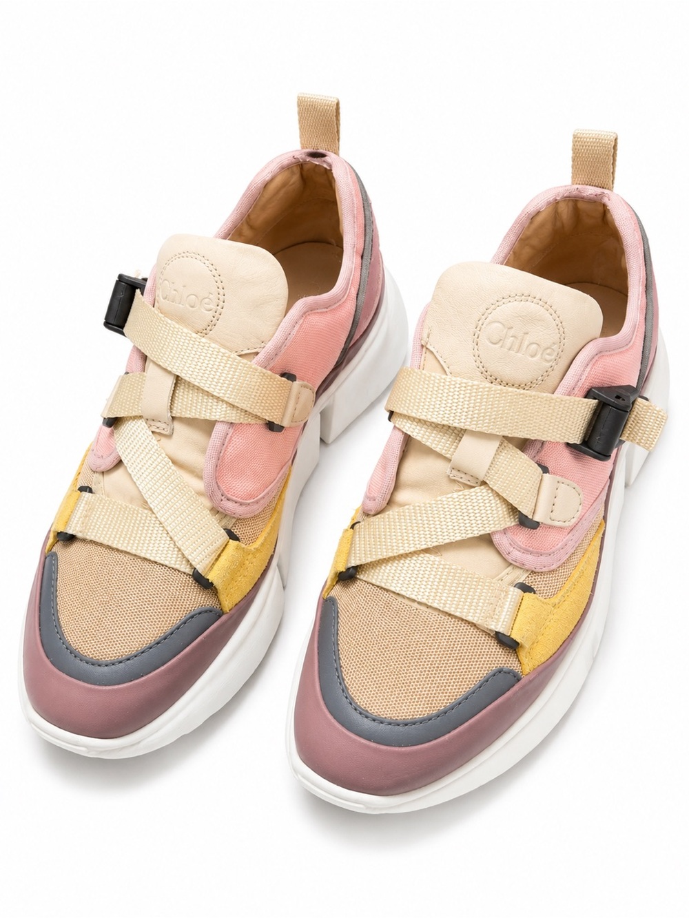 Chloé Multicolor Suede & Leather Sneakers — Pink, Yellow, Beige, Gray, Brown